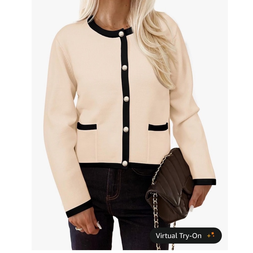 NEW Knit Cardigan Sweater Button‎ UpLong Sleeve Quiet Luxury Medium Cream Black